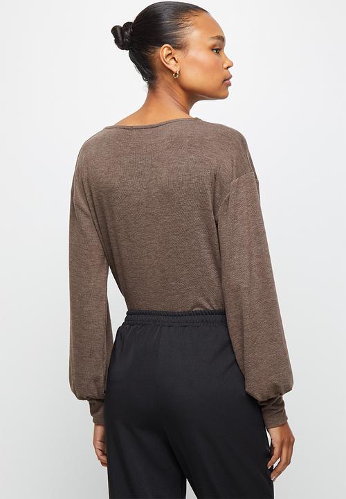edit - Balloon sleeve texture tee - brown 