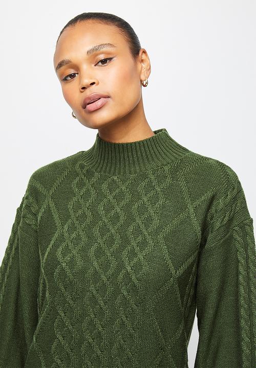 edit - Cable stitch balloon sleeve tunic - olive