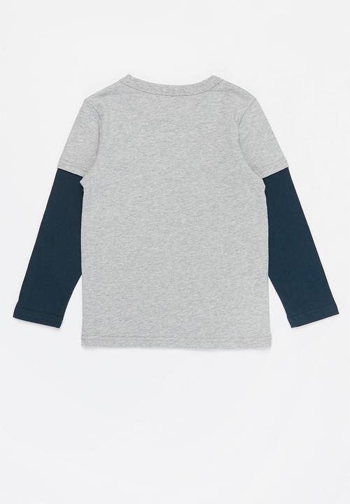 Pop Candy - Boys printed long sleeve tee - navy & grey
