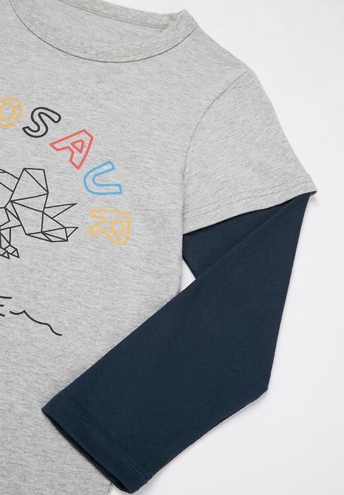 Pop Candy - Boys printed long sleeve tee - navy & grey