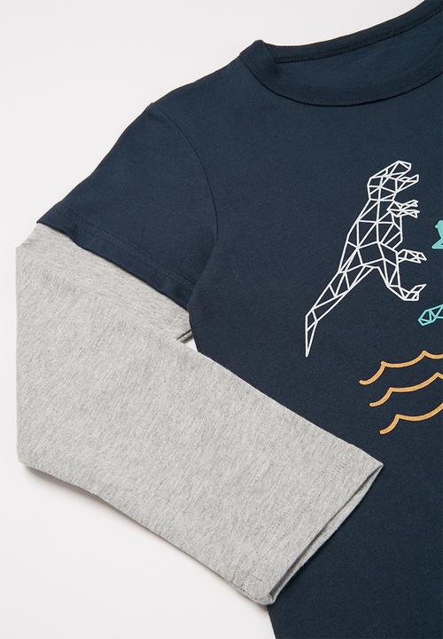 Pop Candy - Boys long sleeve dino tee - grey & navy 