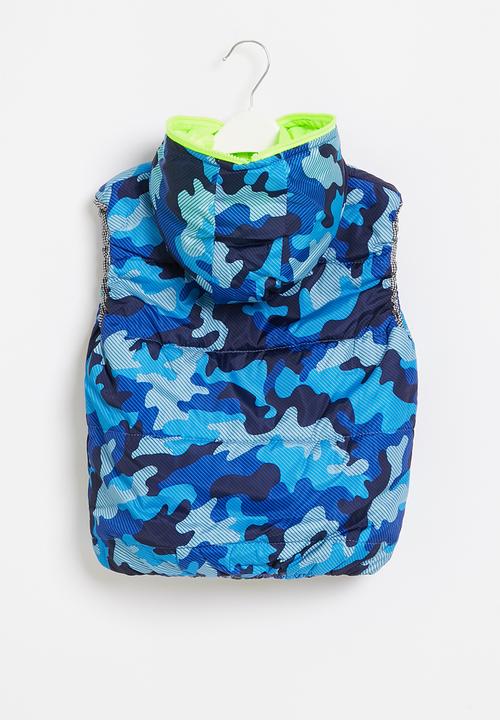 Pop Candy - Boys camo sleeveless bomber - blue & yellow 
