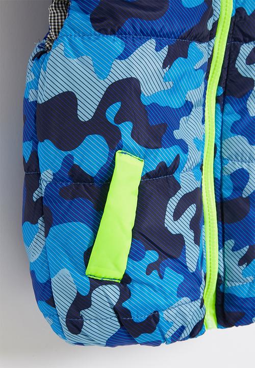 Pop Candy - Boys camo sleeveless bomber - blue & yellow 