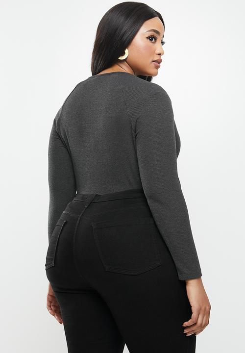 VELVET - Rib knit sweetheart long sleeve bodysuit - grey 