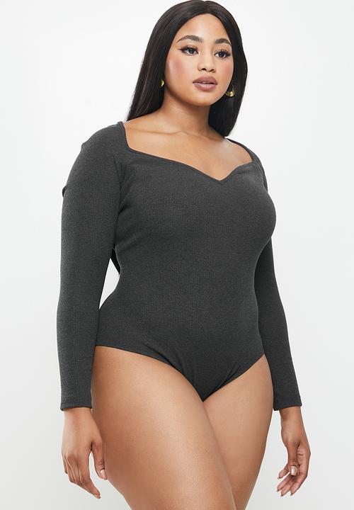 VELVET - Rib knit sweetheart long sleeve bodysuit - grey 