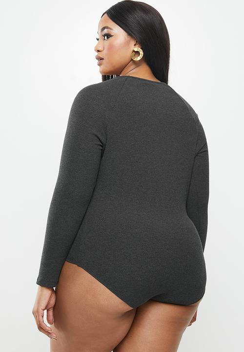 VELVET - Rib knit sweetheart long sleeve bodysuit - grey 