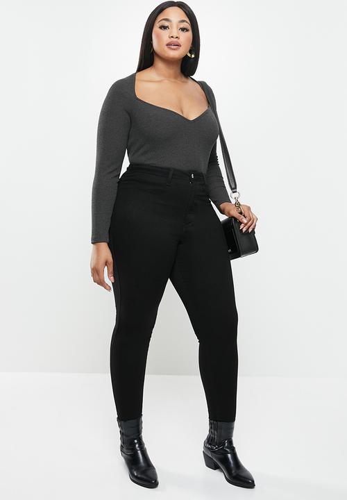 VELVET - Rib knit sweetheart long sleeve bodysuit - grey 