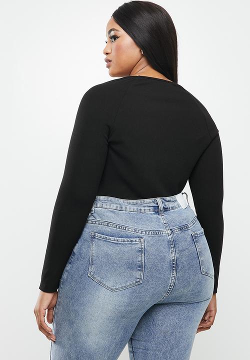 VELVET - Rib knit sweetheart long sleeve bodysuit - black