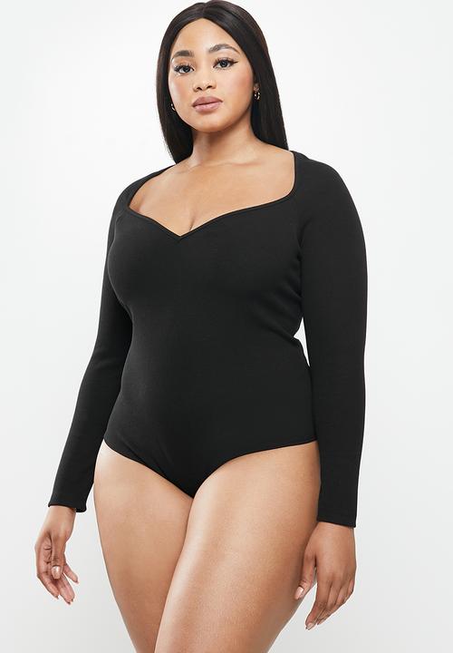 VELVET - Rib knit sweetheart long sleeve bodysuit - black