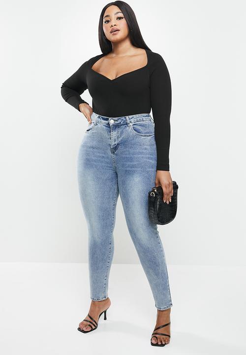 VELVET - Rib knit sweetheart long sleeve bodysuit - black