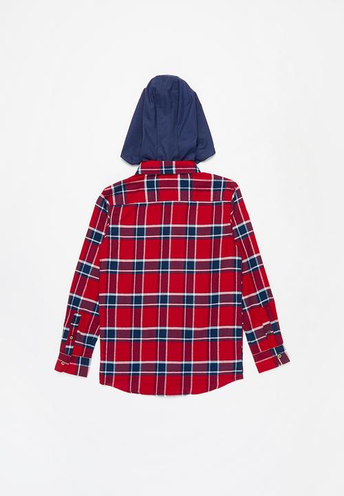 POLO - Boys Andrew hooded check shacket - red & navy 