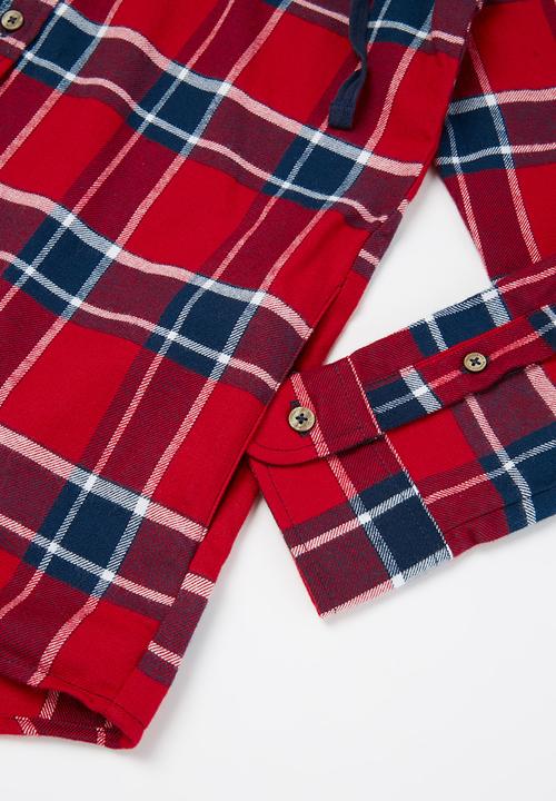 POLO - Boys Andrew hooded check shacket - red & navy 