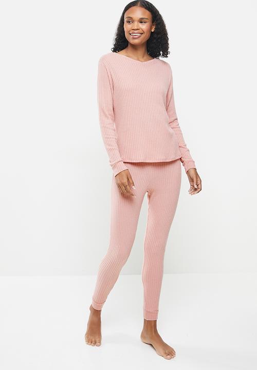 Superbalist - Soft touch rib sleep top & pants set - pink