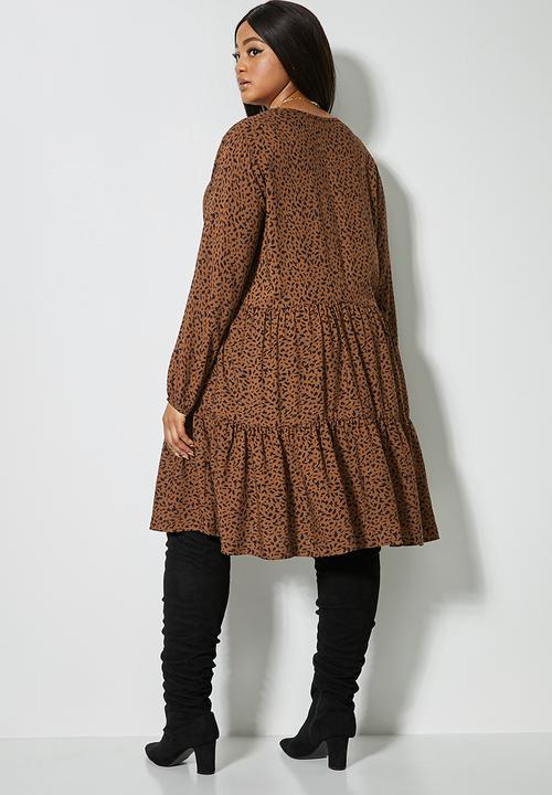 Superbalist - V-neck tiered midi - brown & black