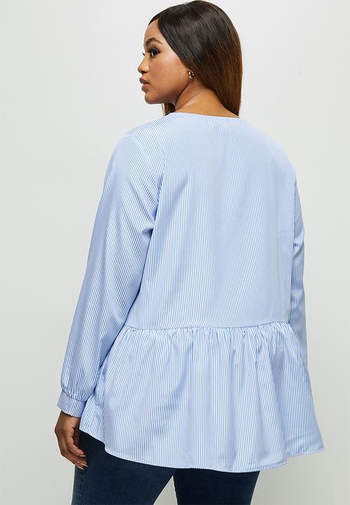 edit Plus - Tiered balloon sleeve blouse - blue & white