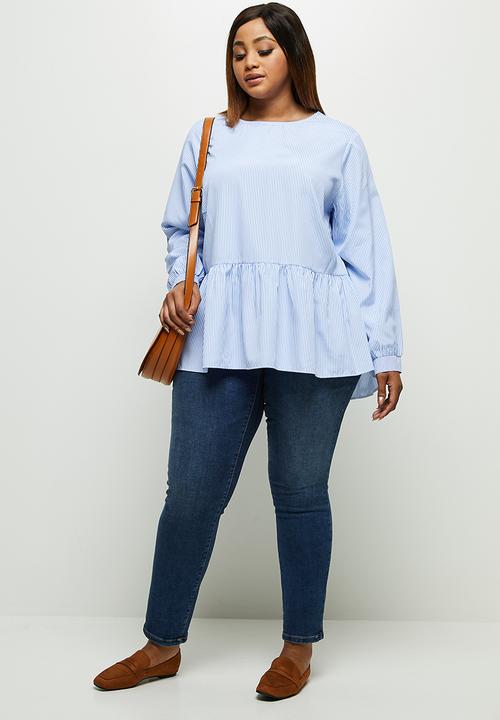 edit Plus - Tiered balloon sleeve blouse - blue & white