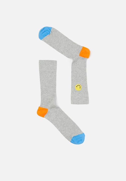 Happy Socks - Ribbed embroidery smiley socks - grey