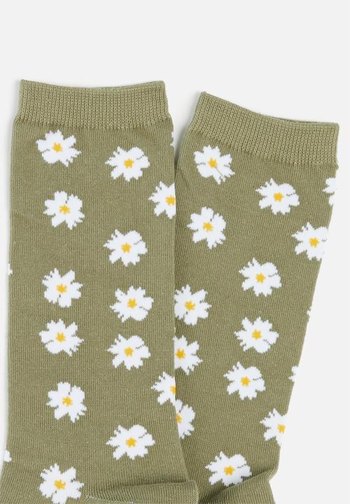 Typo - Womens novelty socks - khaki daisies