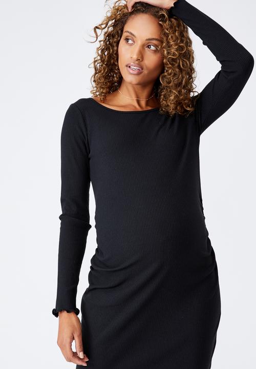 Cotton On - Maternity rib lettuce edge long sleeve dress - black