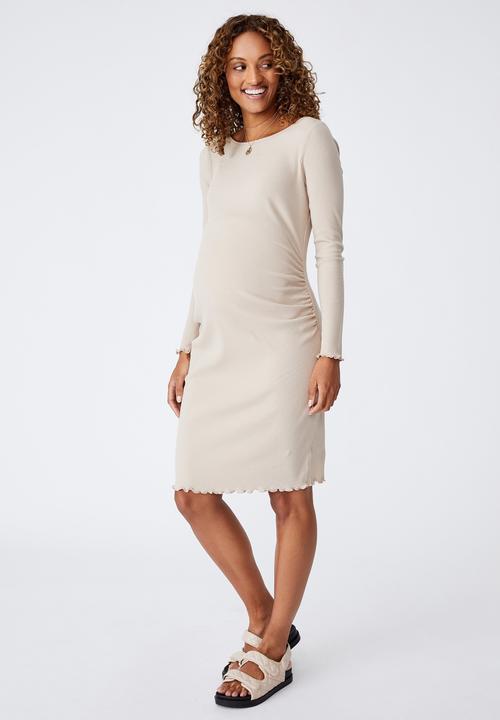 Cotton On - Maternity rib lettuce edge long sleeve dress - latte