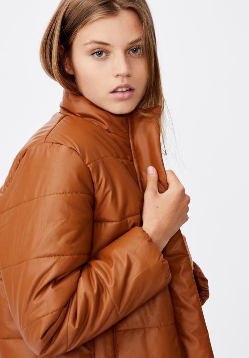 Cotton On - Vegan leather puffer jacket - tan