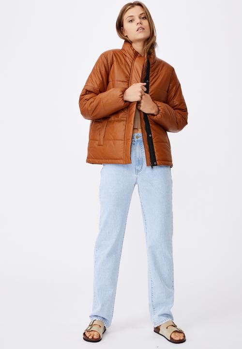 Cotton On - Vegan leather puffer jacket - tan