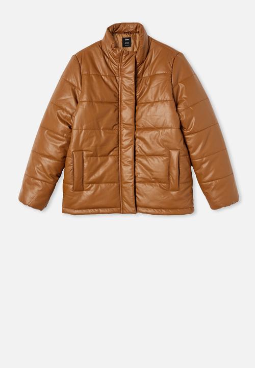 Cotton On - Vegan leather puffer jacket - tan