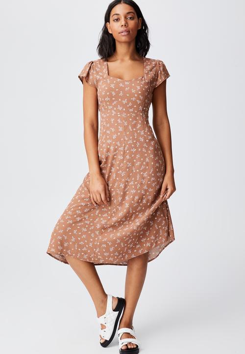 Cotton On - Woven cleo tie back midi dress - brown