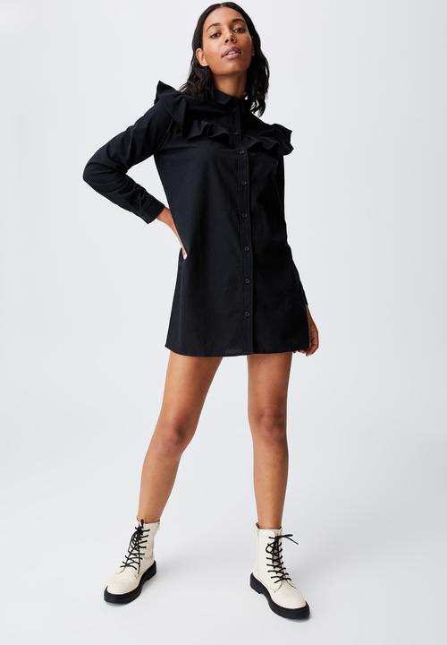 Cotton On - Woven Jade long sleeve ruffle shirt mini dress - black