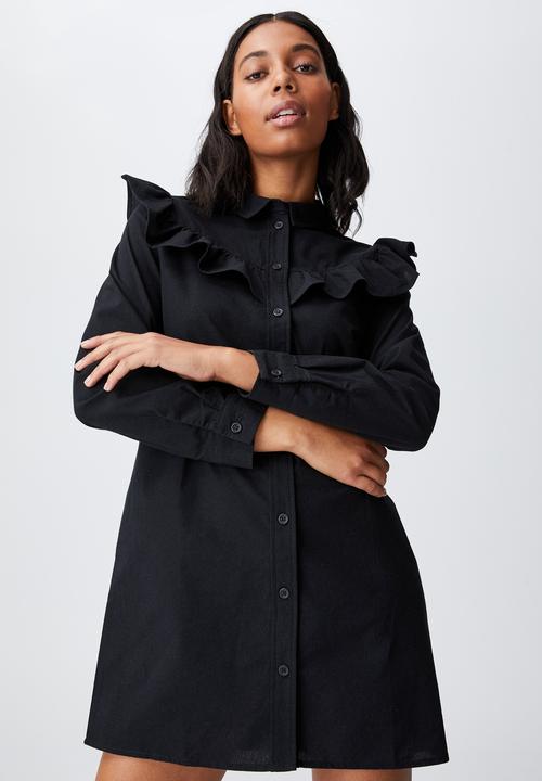 Cotton On - Woven Jade long sleeve ruffle shirt mini dress - black