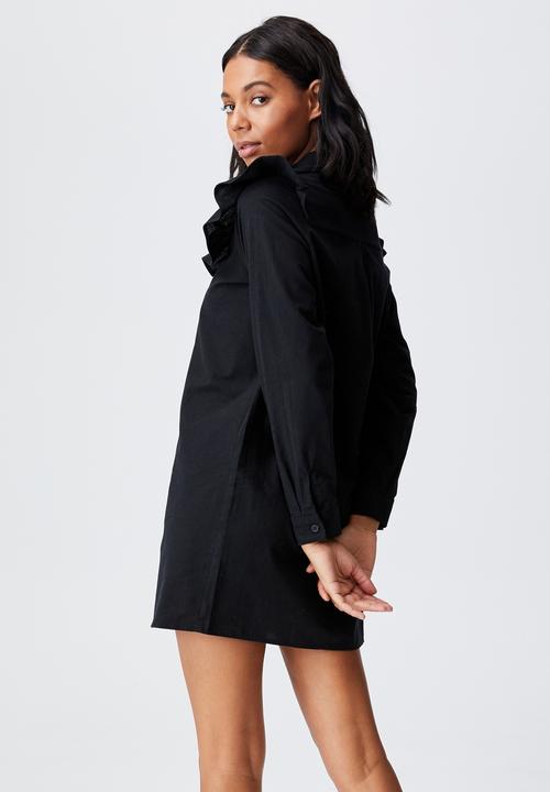 Cotton On - Woven Jade long sleeve ruffle shirt mini dress - black