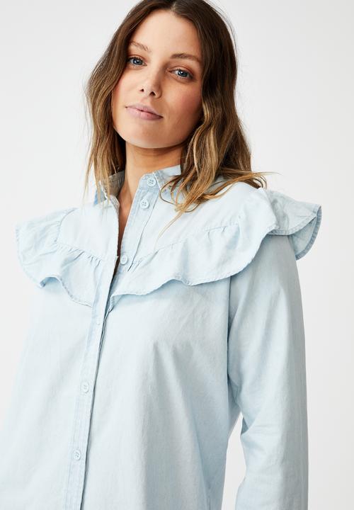Cotton On - Woven Jade long sleeve ruffle shirt mini dress - blue