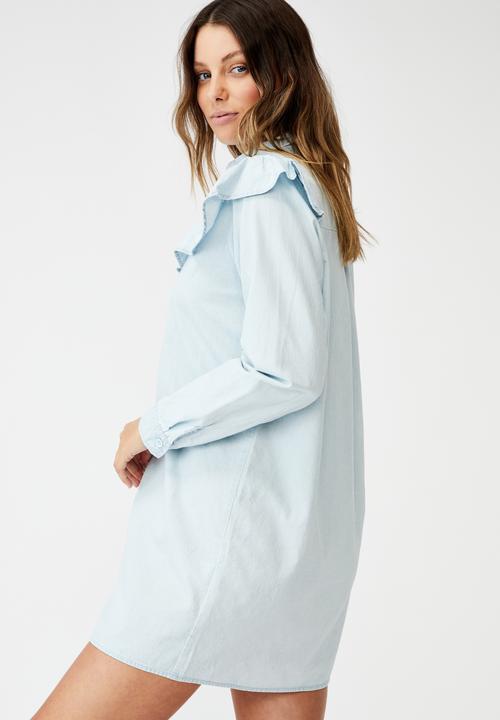 Cotton On - Woven Jade long sleeve ruffle shirt mini dress - blue