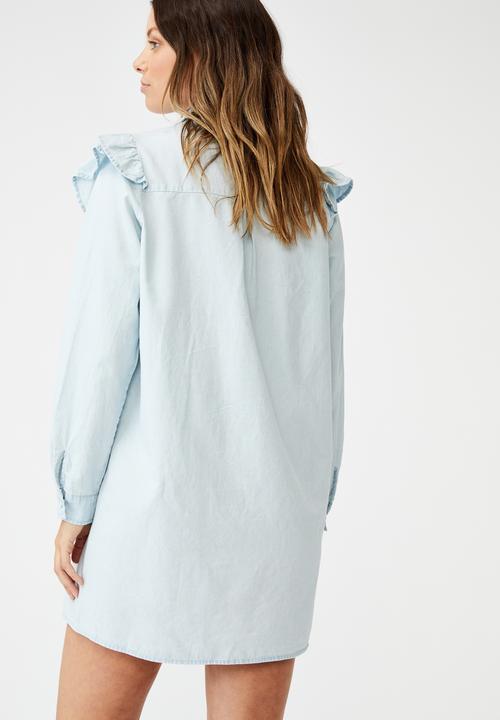 Cotton On - Woven Jade long sleeve ruffle shirt mini dress - blue
