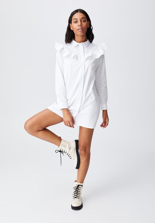 Cotton On - Woven Jade long sleeve ruffle shirt mini dress - white