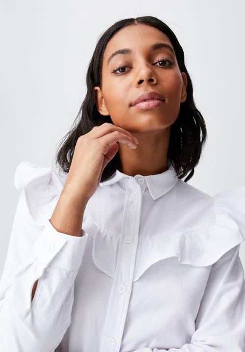 Cotton On - Woven Jade long sleeve ruffle shirt mini dress - white