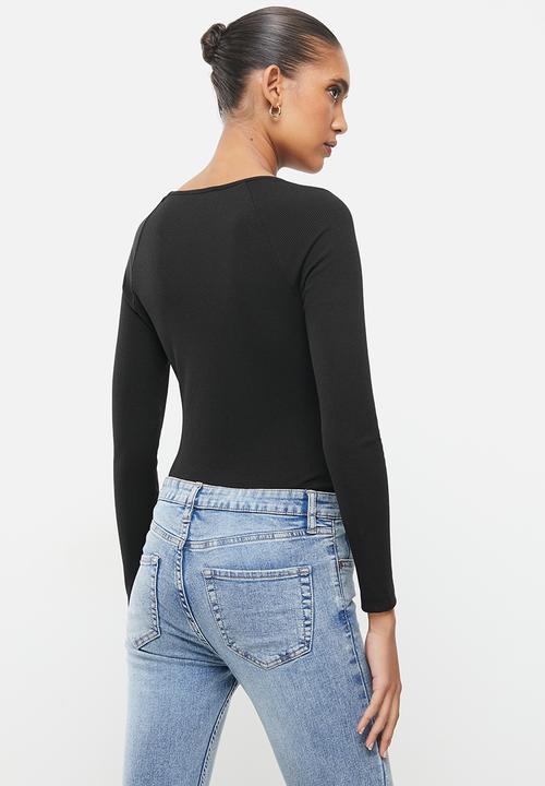 VELVET - Rib knit sweetheart long sleeve bodysuit - black