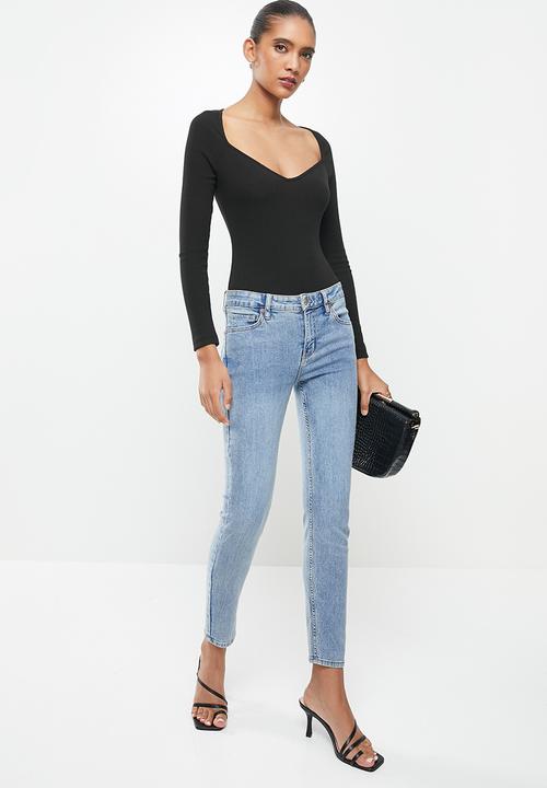 VELVET - Rib knit sweetheart long sleeve bodysuit - black
