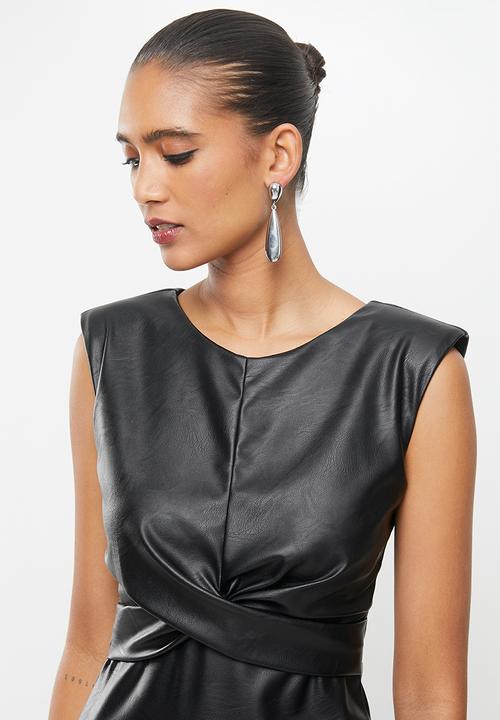 VELVET - Pu mini dress with cross over front detail - black