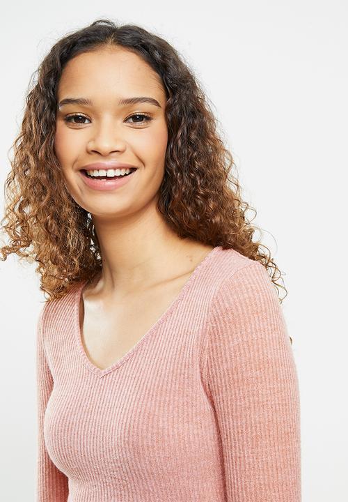 Blake - Knit long john & cropped V-neck top sleep set - rose 