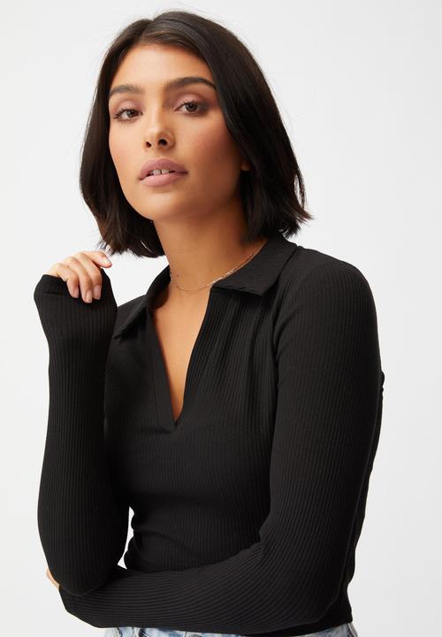 Cotton On - Zoe polo long sleeve top - black