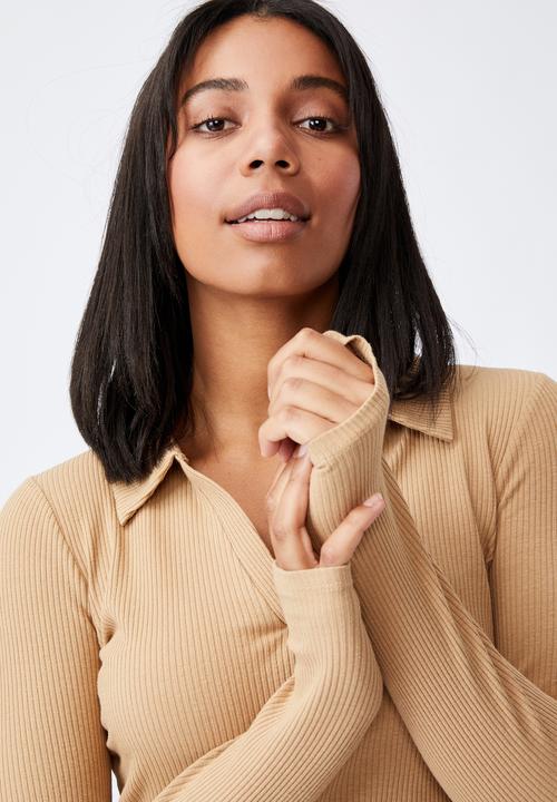 Cotton On - Zoe polo long sleeve top - taupe