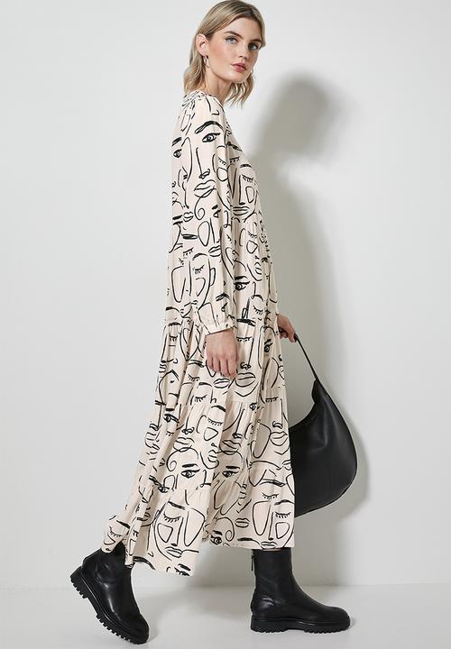 Superbalist - Long sleeve tiered dress - beige & black