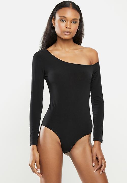 MILLA - Asymmetric one shoulder long sleeve bodysuit - black