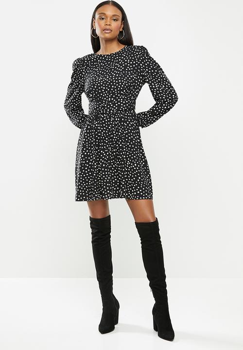 MILLA - Shoulder pad mini dress with waist detail - black & white