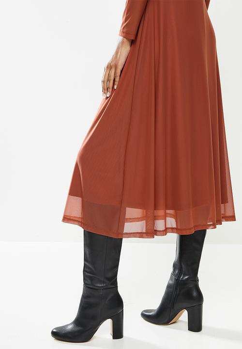 MILLA - Mesh twist front midi dress - rust