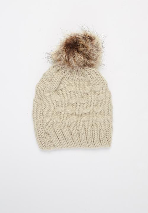 Baby Star - Single faux fur pom pom beanie - beige