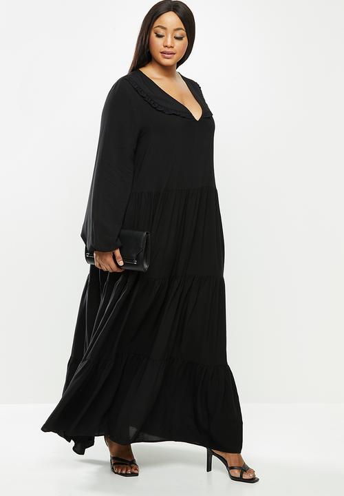 VELVET - Peterpan collar tiered maxi dress - black