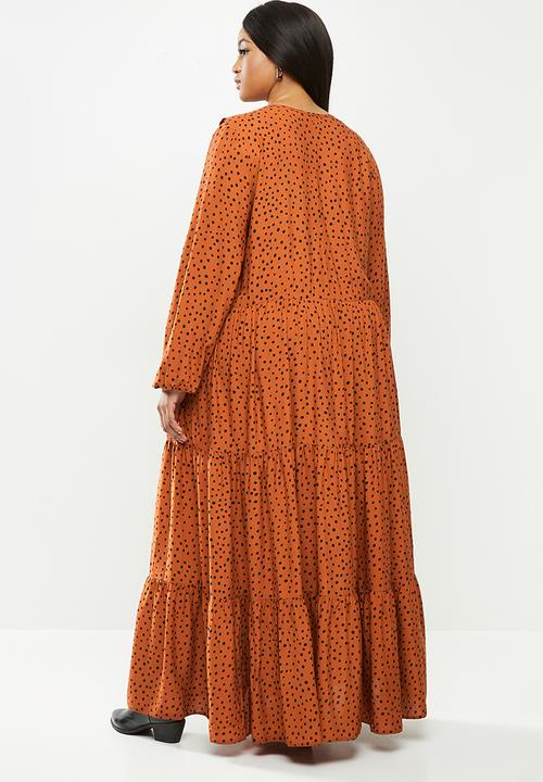 VELVET - Peterpan collar tiered maxi dress - brown & black