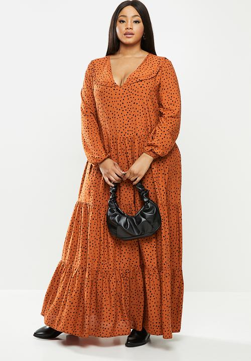 VELVET - Peterpan collar tiered maxi dress - brown & black
